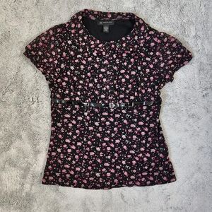 Y2K Office Siren Black and Pink Floral Babydoll Buckled Top INC Size Large